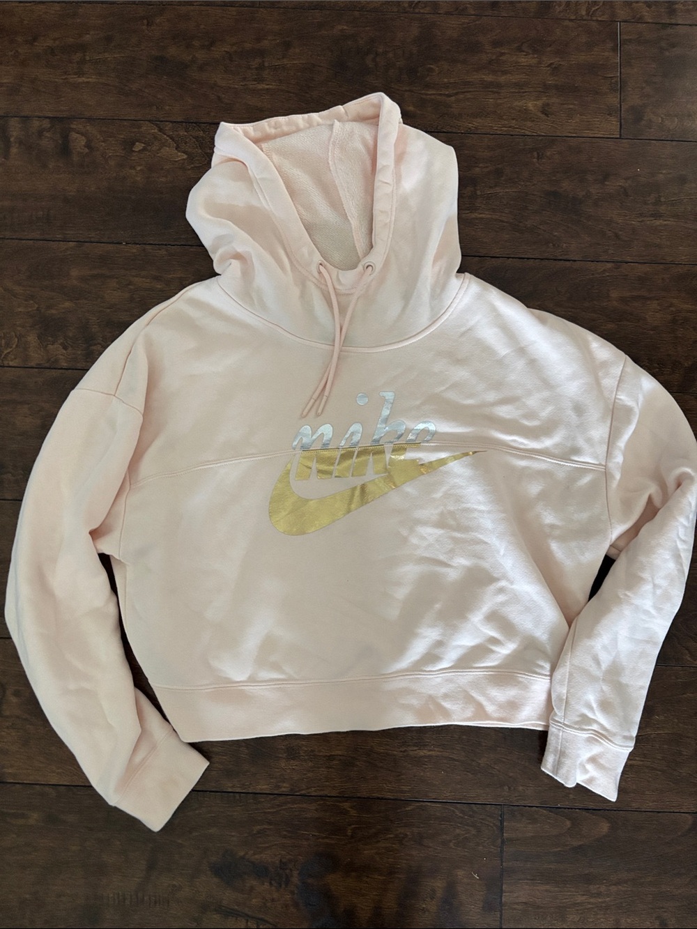 Nike Women’s Pale Pink Cropped Hoodie with Metallic Gold Swoosh